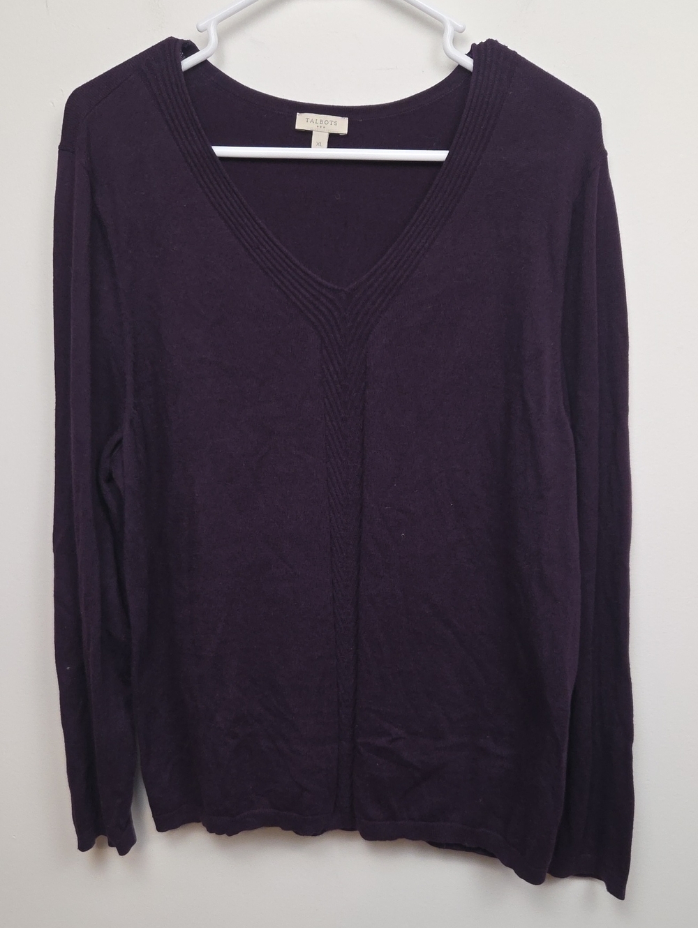 Talbots 100% Cotton Womens Deep Plum V-Neck Pullover Warm Chunky Knit Sweater XL
